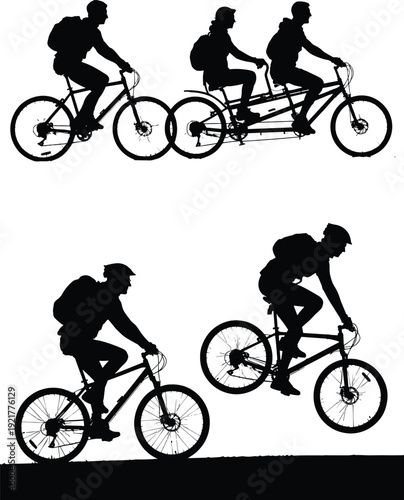 Cyclist silhouettes set, mountain biking and tandem bicycle riders in motion, black vector illustration isolated on white background