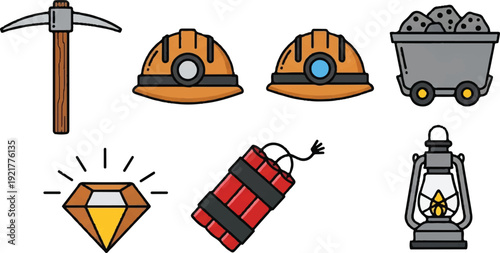 Mining tools illustration pickaxe helmets trolley diamond dynamite lantern
