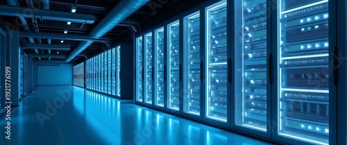 Cinematic view of a modern data center with server racks glowing blue, as the camera smoothly pans through the corridor, capturing the gentle hum and flicker of digital activity.