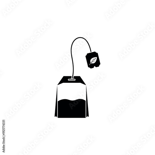 A minimalist black silhouette of a tea bag with a string and tag featuring a leaf design, ready for brewing a warm beverage.