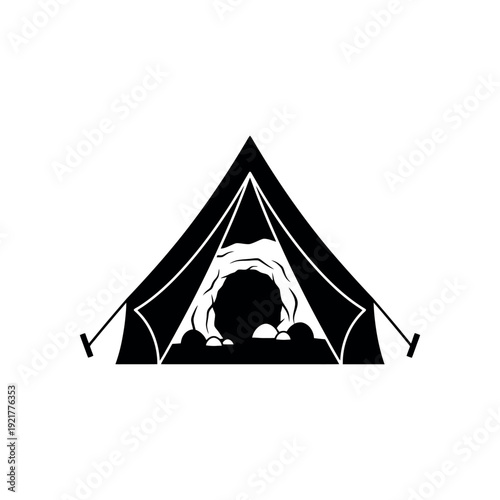 A black silhouette of an open tent revealing a rocky cave entrance within, evoking adventure, exploration, and the call of the wild.