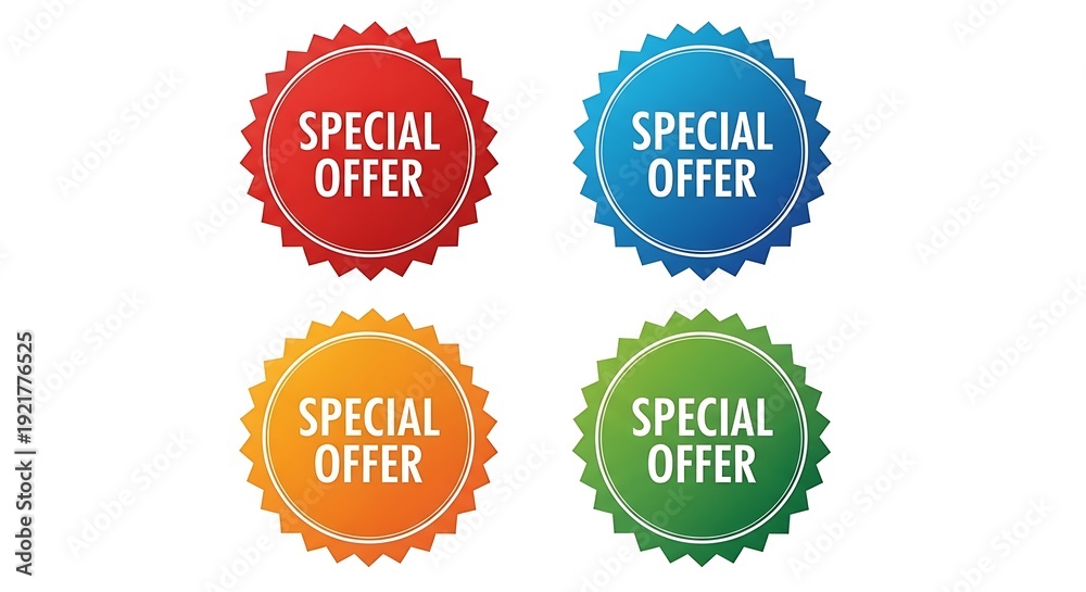 Fototapeta premium Four colorful special offer stickers on a white background