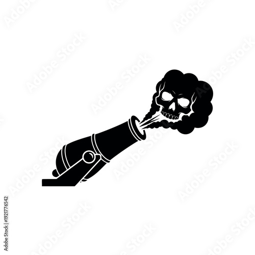 Cannon firing a skull with smoke, symbolizing danger, death, or a warning, pirate theme or historical battle concept, dark graphic.