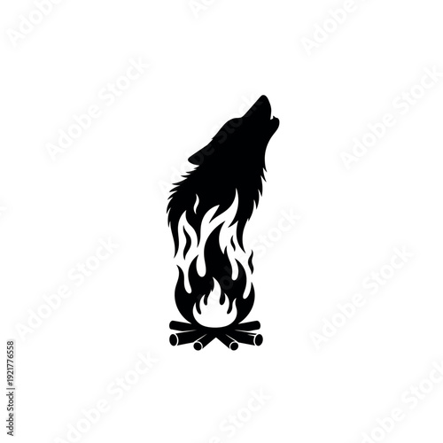 Silhouette of a wolf howling above a campfire, symbolizing wildness, warmth, and nature's call.