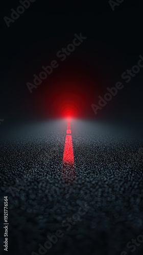 Dark asphalt road with a vibrant red glowing line extending into the distance