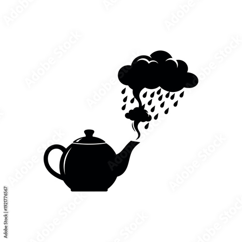 Teapot steaming with a rain cloud, a whimsical illustration suggesting brewing storms, unexpected weather, or a metaphorical downpour.