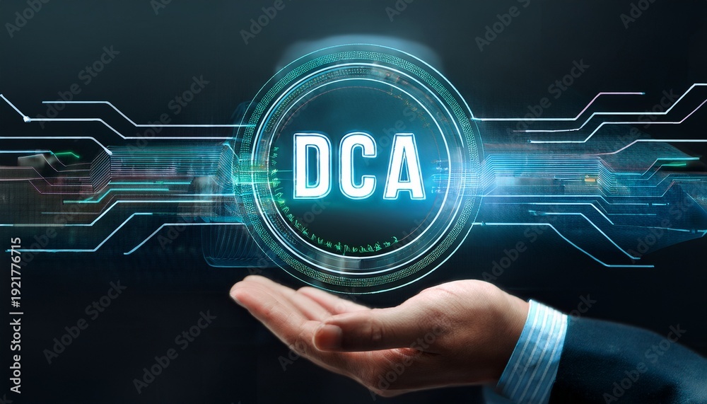 Fototapeta premium hand holding a digital display of dca representing dollar cost averaging