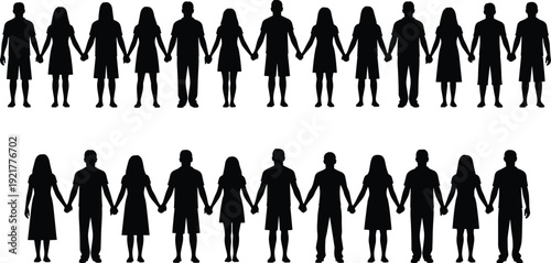 Large group of people silhouettes holding hands in unity isolated on white background, community togetherness concept vector illustration