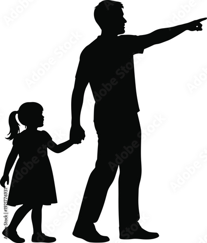 Silhouette of parent guiding child with protective hand, family bond concept, adult pointing direction, daughter in dress, parental care and childhood journey illustration