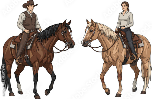 Vector illustration of two people riding horses, cowboy hat attire, equestrian activity, traditional western culture, saddle gear, rural lifestyle concept