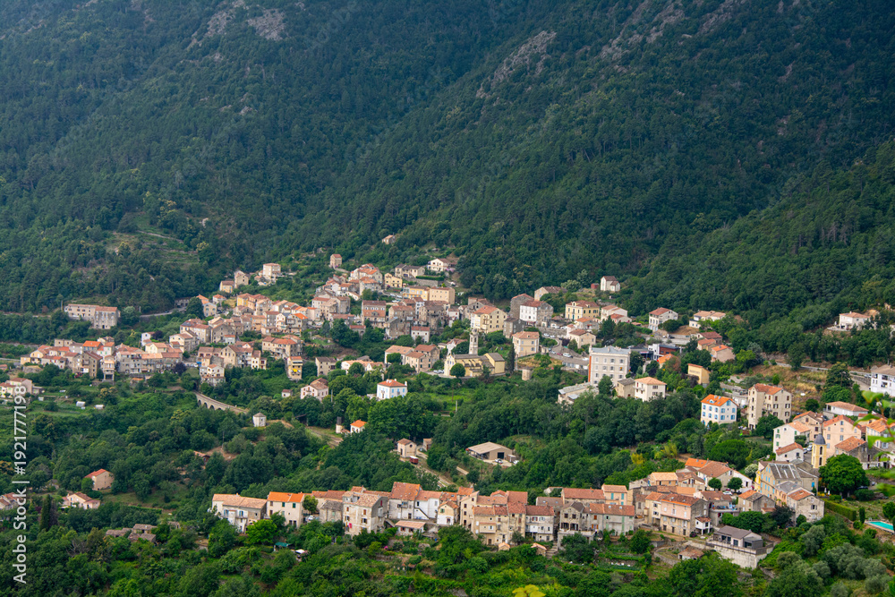 Obraz premium Mountain village nestled in green valley surrounded by forest