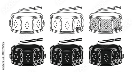 Snare drum vector line art illustration with drumsticks isolated on white background for music branding