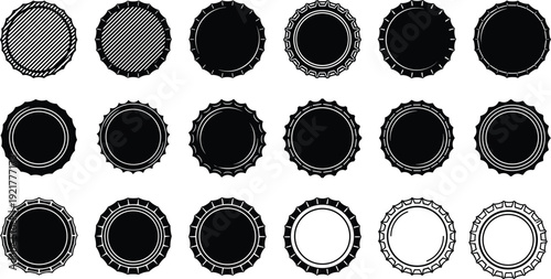 Stylized bottle cap vector collection with black, white, striped designs, jagged edges, smooth curves, shading variations for branding and packaging graphics