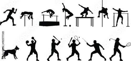 WebSports athlete silhouettes set showing running jumping training and ball game actions isolated on white background fitness vector illustration