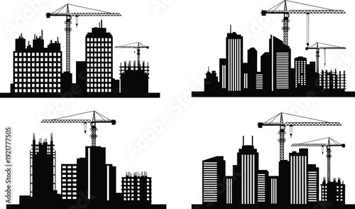 Black City Skyline Silhouette Set with Construction Cranes and Skyscraper Buildings Under Development for Urban Infrastructure Project Design and Real Estate Concept Graphics