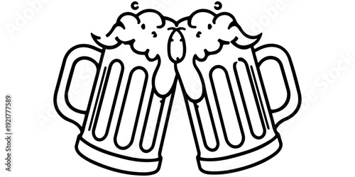 Mugs on coffee, head hit mugs, a simple black and white mugs together in a cheerful toast symbolizing celebration. 