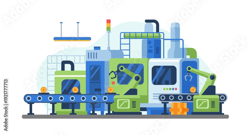 Automated Factory Production Line with Robotic Arms & Conveyor Belt. Modern Industrial Manufacturing Process for Efficiency & Technology.