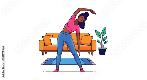 Woman practicing yoga in a living room with a couch and potted plant