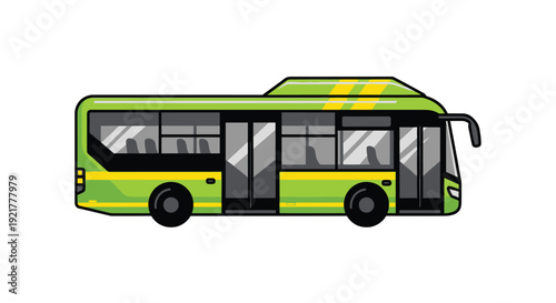 Green public transportation bus with yellow accents and visible interior seating