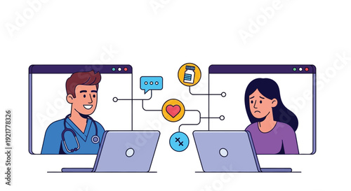 Online doctor consultation between patient and healthcare professional using laptops for virtual appointment