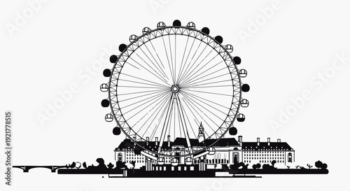 Vibrant cityscape with giant Ferris wheel at sunset