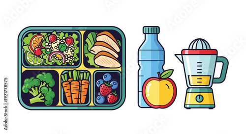 Healthy eating concept illustration featuring meal tray bottle and juicer together beautifully