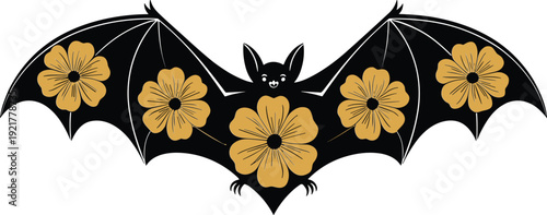 Floral bat illustration, decorative black bat with golden flowers, halloween nature art, isolated vector design on white background
