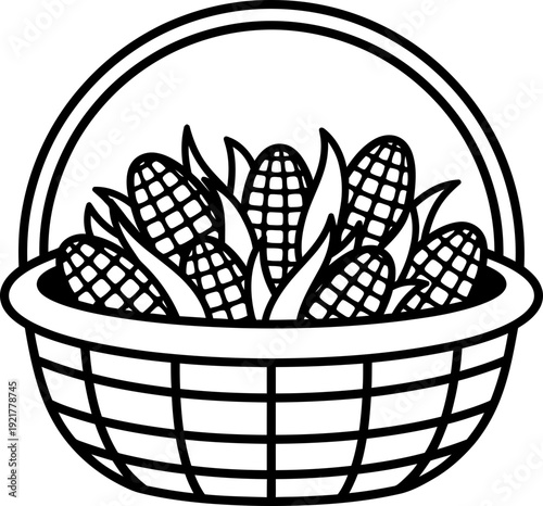 Woven basket full of corn cobs, harvest and agriculture concept. Outline simple linear style vector illustration for icon, symbol