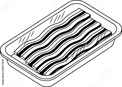 Raw bacon slices in a rectangular plastic tray, food product packaging for grocery store or kitchen. Outline vector illustration