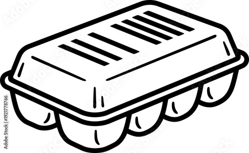 Closed egg carton package with six compartments, an empty egg tray. Food storage container symbol. Vector icon for menu, store, market