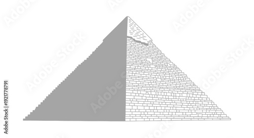 Ancient pyramid structure illustration in gray tones on white background