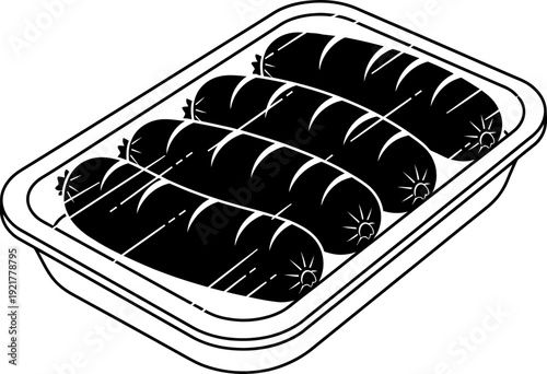 Pack of fresh uncooked hot dog sausage for grocery stores. Meat product for barbecue meal illustration in an outline style vector icon