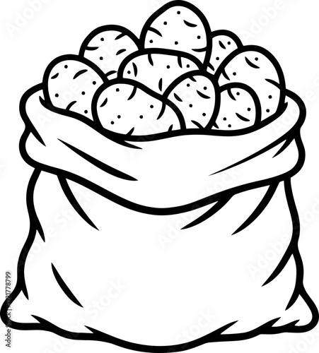 Line art illustration of a full sack of fresh potato ready for harvest or market concept. Monochrome vector graphic for coloring book