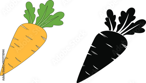 Carrot illustration set, colorful and black silhouette vegetable icons, fresh organic root food graphic, isolated flat design
