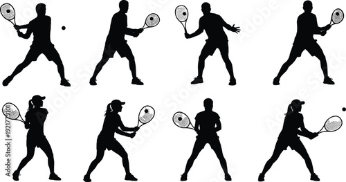Tennis Player Silhouettes Collection, Men and Women Athletes Serving and Hitting Ball Isolated on White Background Set