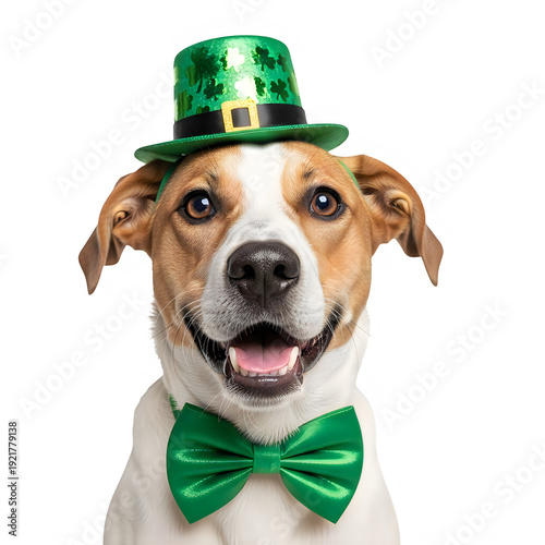 A cheerful dog wearing a festive green hat and bowtie for a holiday celebration isolated on transparent background