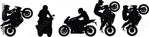 Sport Motorcycle Stunt Silhouette Collection Vector Illustration with Rider Performing Wheelie Tricks in Dynamic Action Style Isolated Background