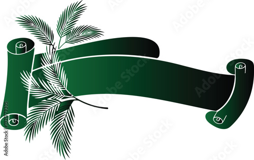 Green ribbon banner with palm leaves on white background  symbol of nature and ecology  decorative element for design