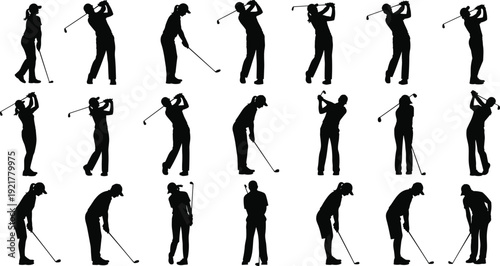 Women Golfer Silhouettes Collection, Female Golf Players Swinging Club in Action Poses Isolated on White Background Vector