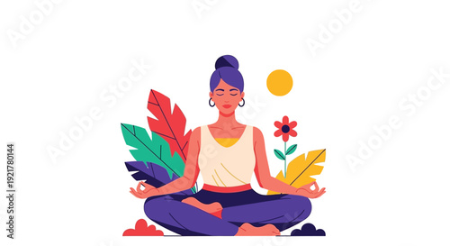 Woman practicing yoga in a serene and peaceful environment surrounded by colorful flowers
