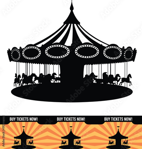 Carousel merry go round silhouette illustration, amusement park ride concept, vintage fair attraction design, carnival entertainment graphic isolated background
