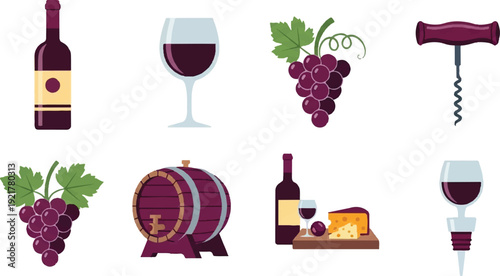 Wine elements illustration set grapes bottle glass barrel corkscrew