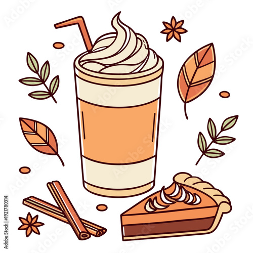 Cartoon latte with whipped cream rests near pumpkin pie slice and cinnamon on white