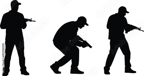 Armed Soldier Silhouette Set Vector Illustration with Tactical Military Poses Holding Rifles Isolated on White Background for Security Concept