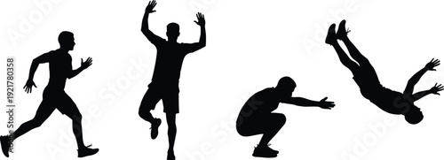 Athlete movement silhouettes set black and white vector illustration running jumping squatting flipping fitness training action poses isolated design