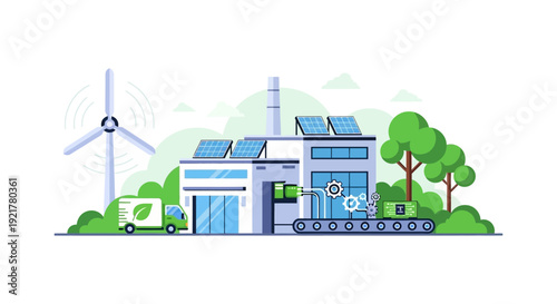 Green Factory Production with Renewable Energy Sources and Sustainable Logistics Illustration