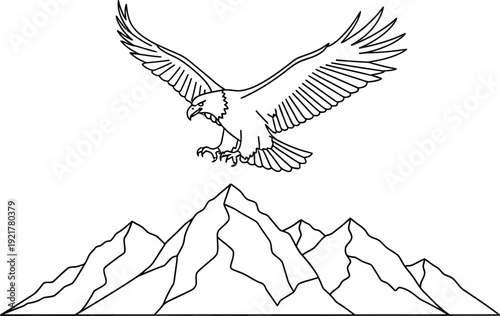 Minimalist black and white line art illustration depicting a majestic bald eagle descending upon a sharp, rugged mountain range peak symbolizes freedom and elevation.