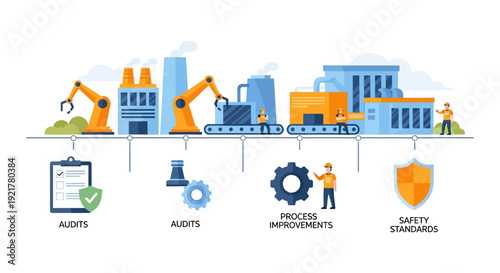 Industrial Production Workflow with Audits, Process Improvements, and Safety Standards. Factory Automation and Quality Control Management System Infographic.