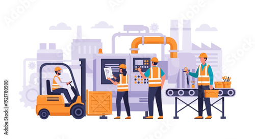 Modern Industrial Manufacturing & Logistics Operations with Factory Workers and Machinery