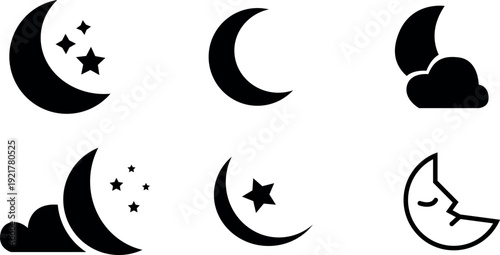 Collection of crescent moon icons in various phases and designs